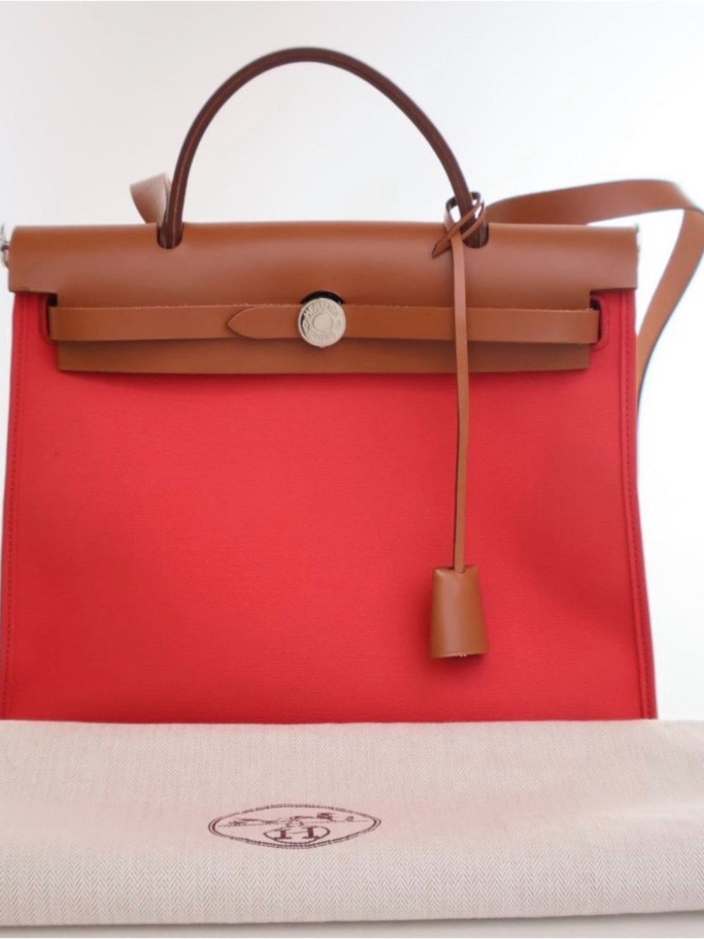 Hermes Red Canvas Satchel with Brown Leather Trim